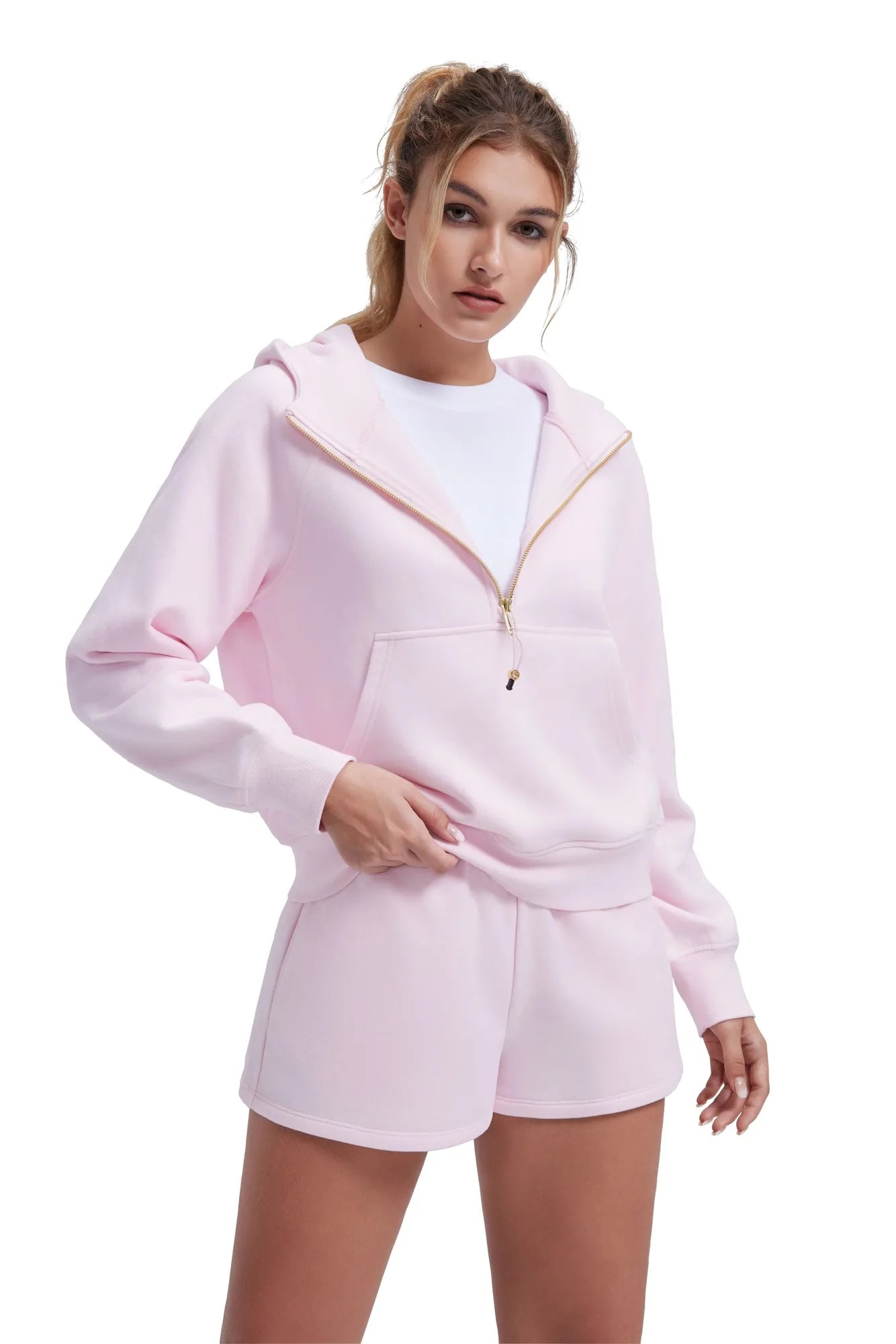 Gold Half Zip up Cotton Hoodies Sweatshirt-SUUKSESS-Powder Pink-XS-SUUKSESS