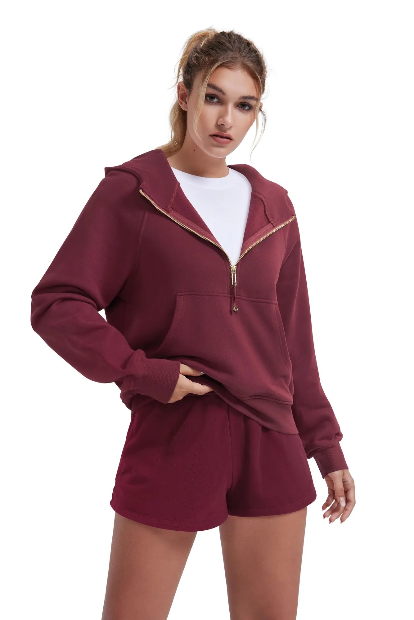 Gold Half Zip up Cotton Hoodies Sweatshirt-SUUKSESS-Wine Red-XS-SUUKSESS
