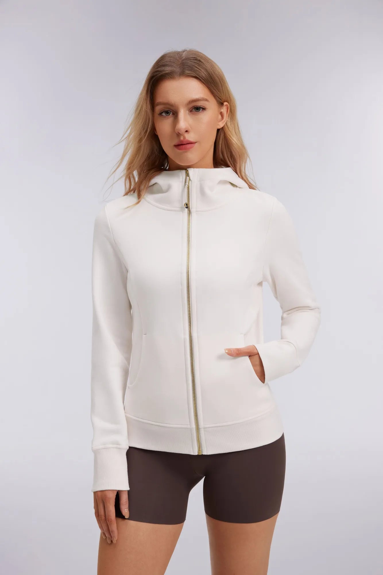 Cotton Gold Full Zip Up Athletic Jacket Sweatshirt-SUUKSESS-Apricot-XS-SUUKSESS