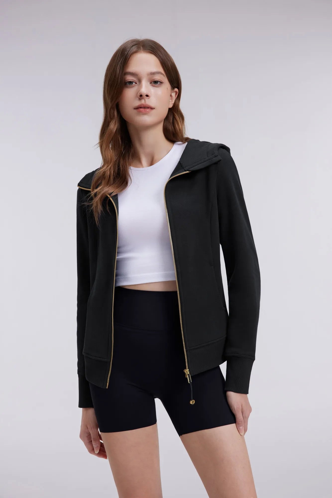 Cotton Gold Full Zip Up Athletic Jacket Sweatshirt-SUUKSESS-Black-XS-SUUKSESS