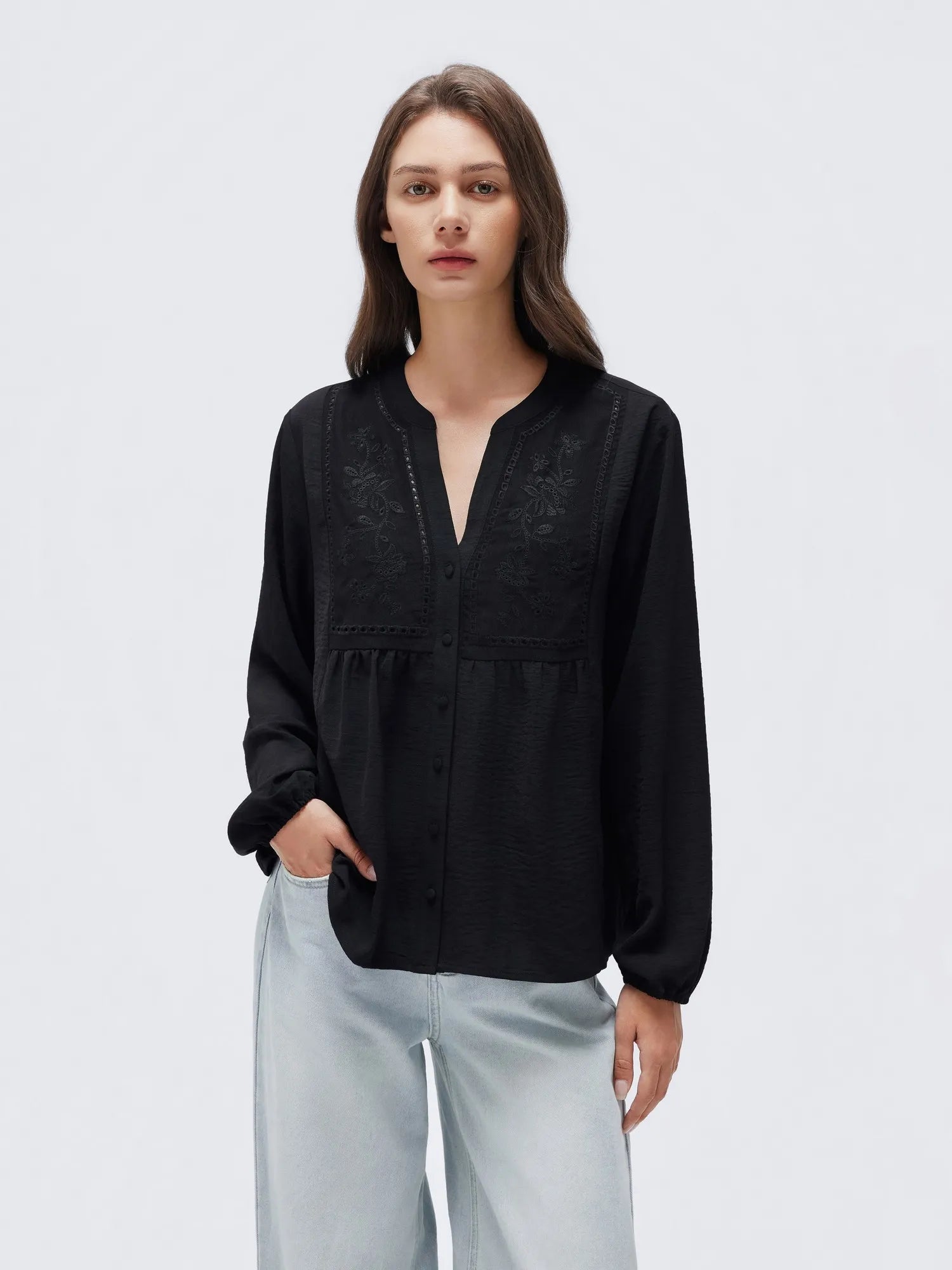Button Down Boho Top - Long Sleeve-SUUKSESS-Black-XS-SUUKSESS