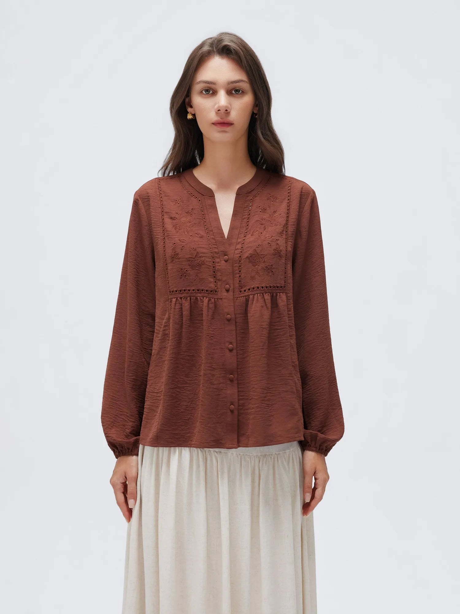 Button Down Boho Top - Long Sleeve-SUUKSESS-Brown-XS-SUUKSESS
