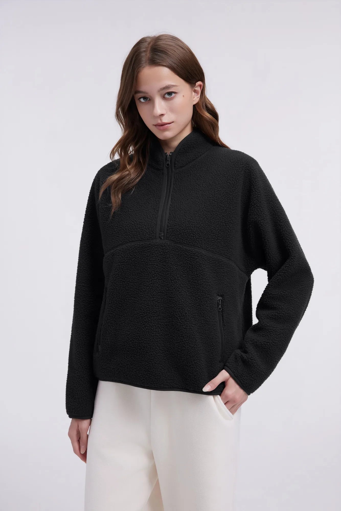 Quarter Zip Fleece Fuzzy Sherpa Jacket-SUUKSESS-Black-XS-SUUKSESS
