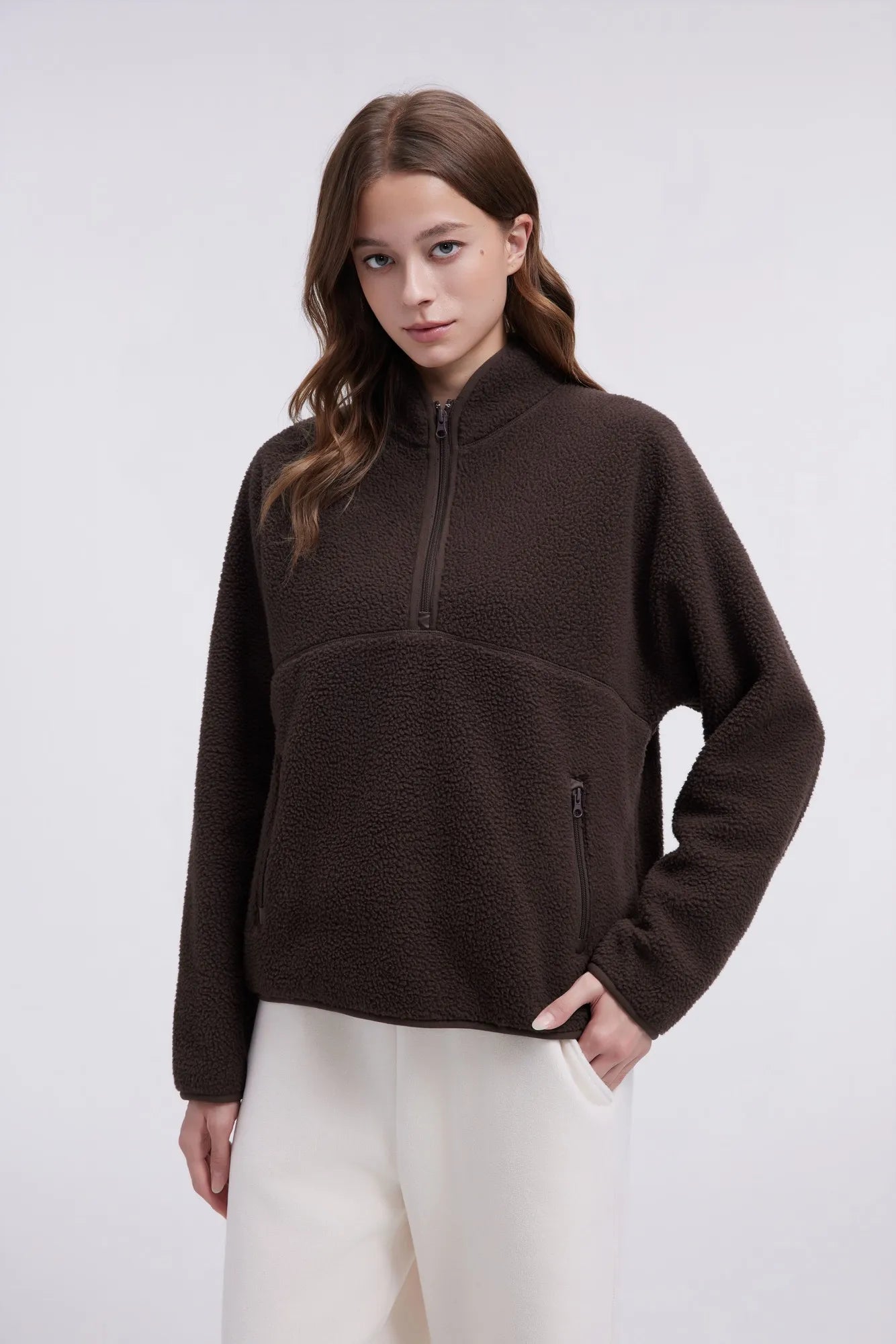 Quarter Zip Fleece Fuzzy Sherpa Jacket-SUUKSESS-Brown-XS-SUUKSESS