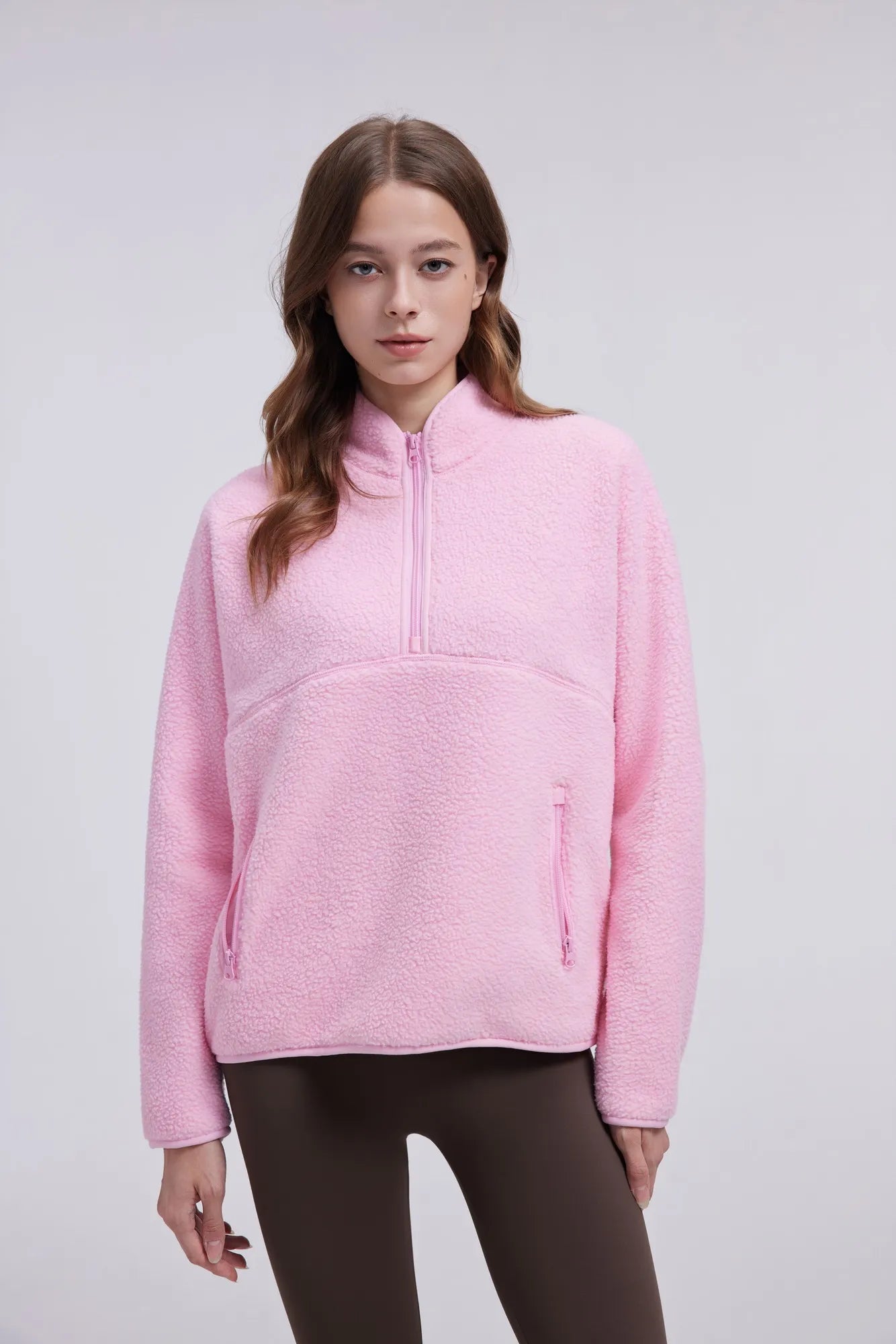 Quarter Zip Fleece Fuzzy Sherpa Jacket-SUUKSESS-Pink-XS-SUUKSESS