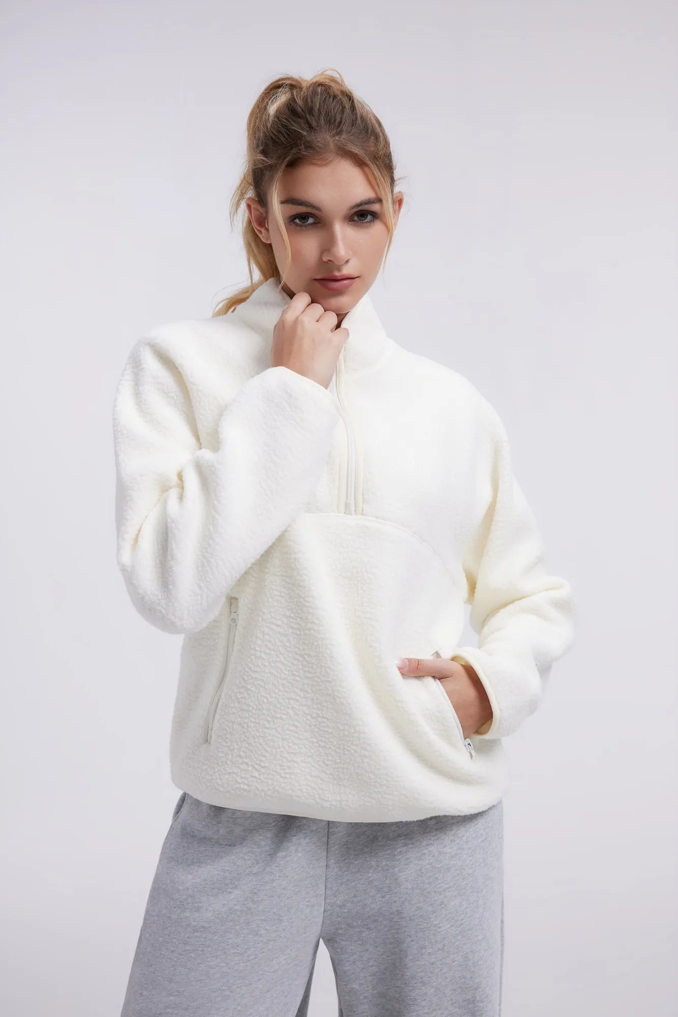 Quarter Zip Fleece Fuzzy Sherpa Jacket-SUUKSESS-White-XS-SUUKSESS