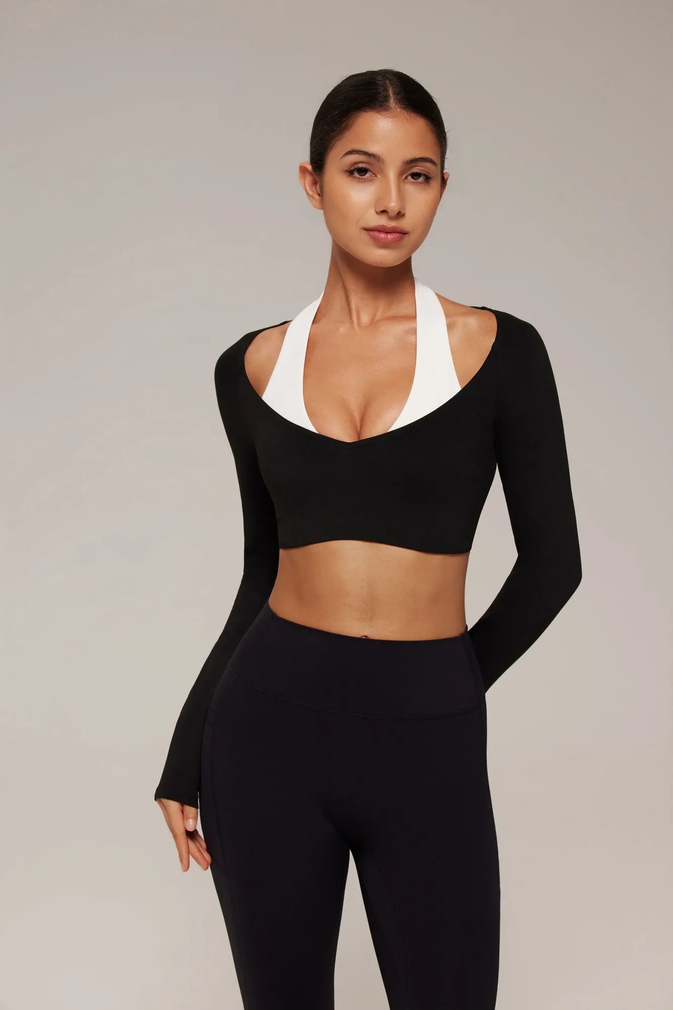 Pilates Crop Top Halter Top - Long Sleeve-SUUKSESS-Black-XS-SUUKSESS