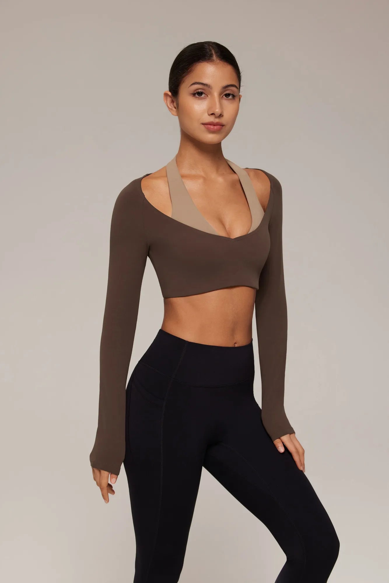 Pilates Crop Top Halter Top - Long Sleeve-SUUKSESS-Dark Brown-XS-SUUKSESS
