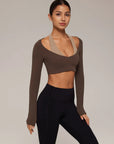 Pilates Crop Top Halter Top - Long Sleeve-SUUKSESS-Dark Brown-XS-SUUKSESS