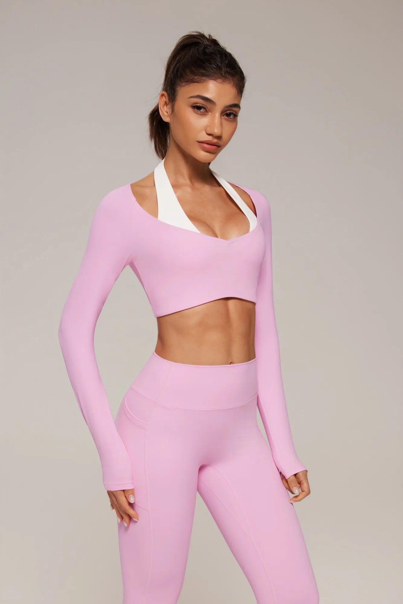 Pilates Crop Top Halter Top - Long Sleeve-SUUKSESS-Pink-XS-SUUKSESS