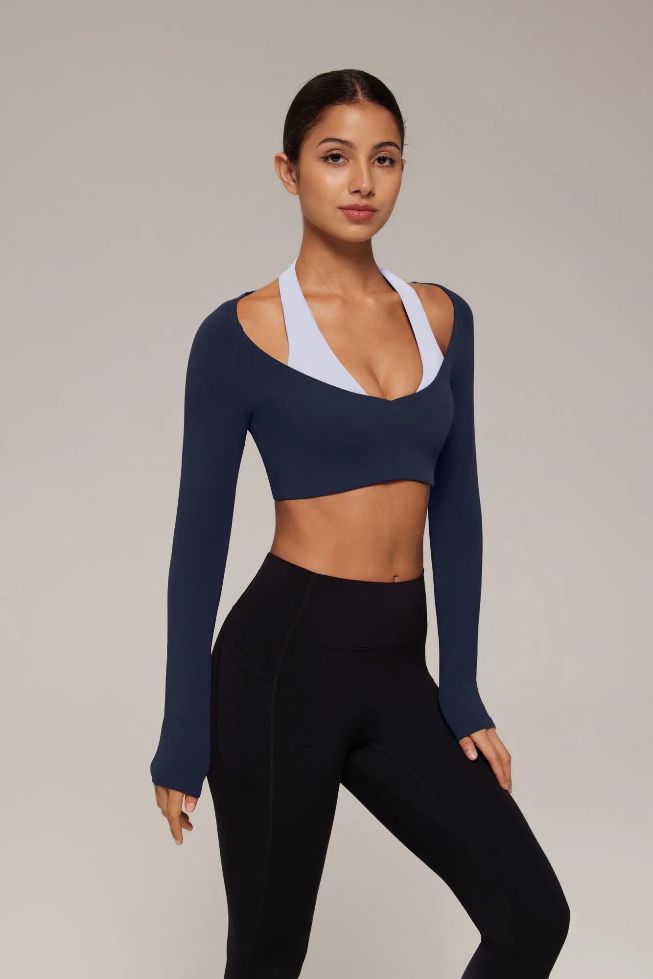 Pilates Crop Top Halter Top - Long Sleeve-SUUKSESS-Navy-XS-SUUKSESS