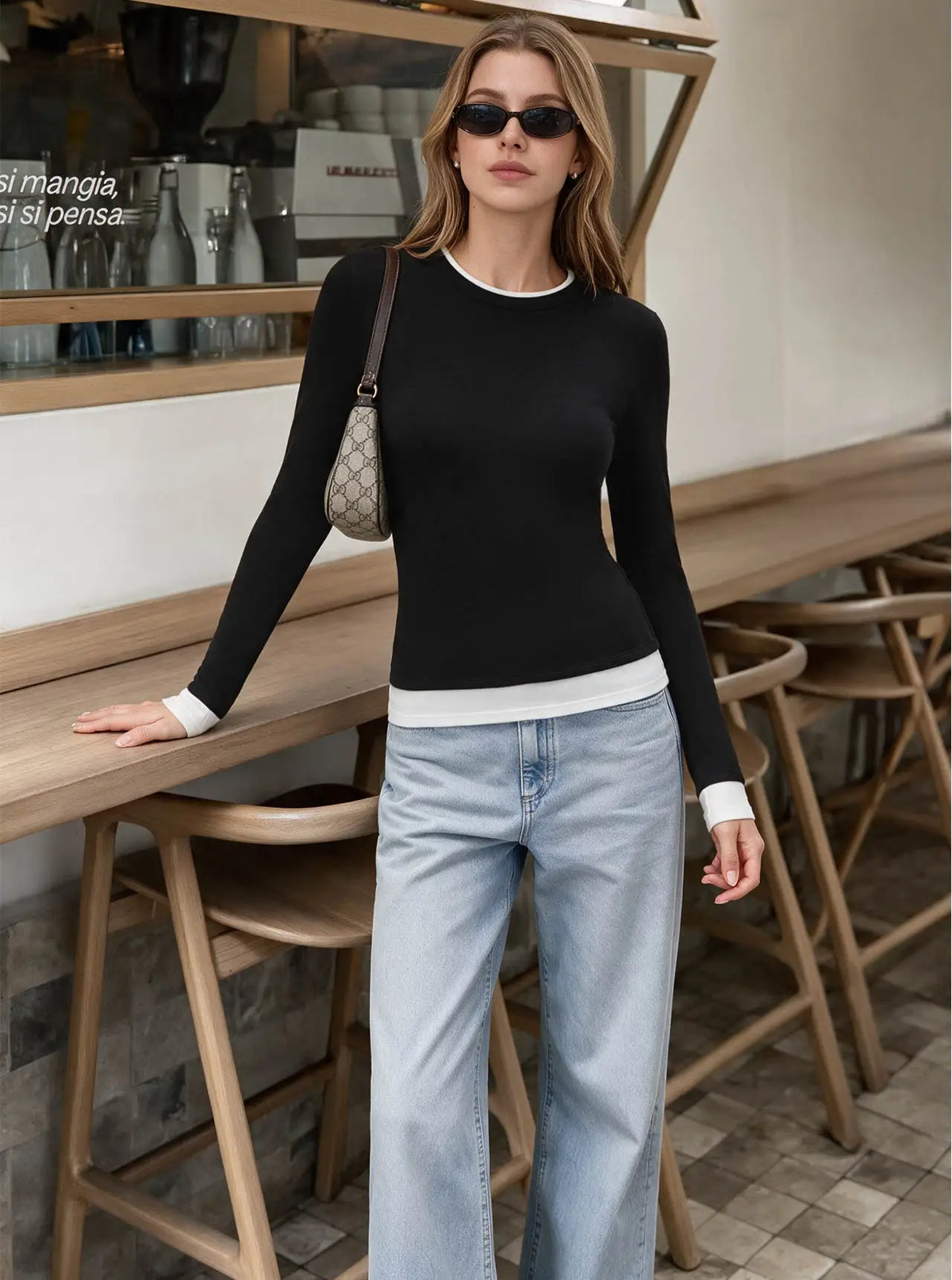 Layered Crew Neck Fitted Shirt - Long Sleeve