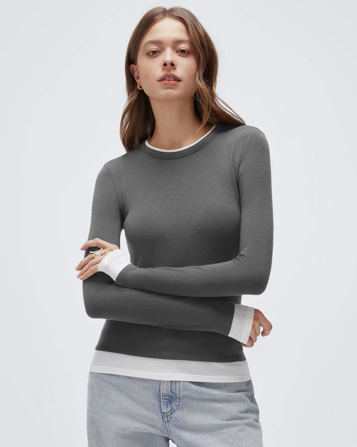 Layered Crew Neck Fitted Shirt - Long Sleeve