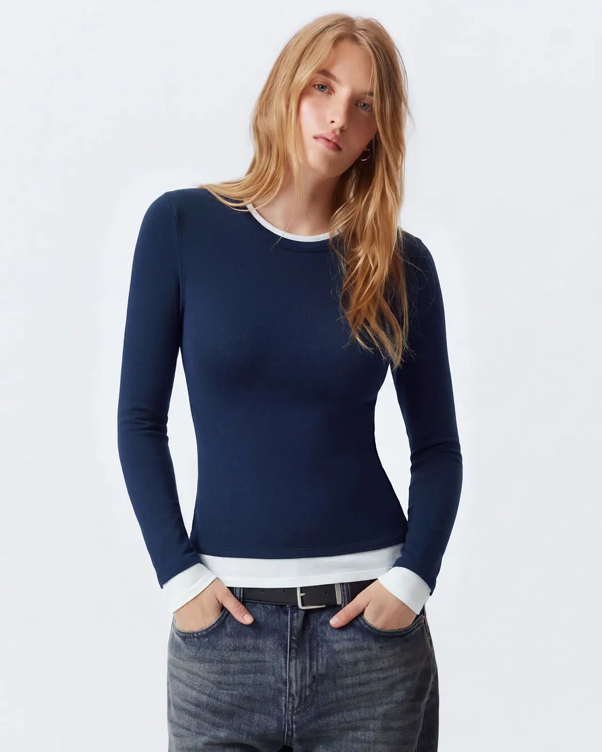 Layered Crew Neck Fitted Shirt - Long Sleeve