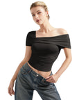 One Off Shoulder Ruched Short Shirt-Clothing-SUUKSESS-Black-XS-SUUKSESS