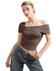 One Off Shoulder Ruched Short Shirt-Clothing-SUUKSESS-Brown-XS-SUUKSESS