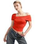 One Off Shoulder Ruched Short Shirt-Clothing-SUUKSESS-Red-XS-SUUKSESS