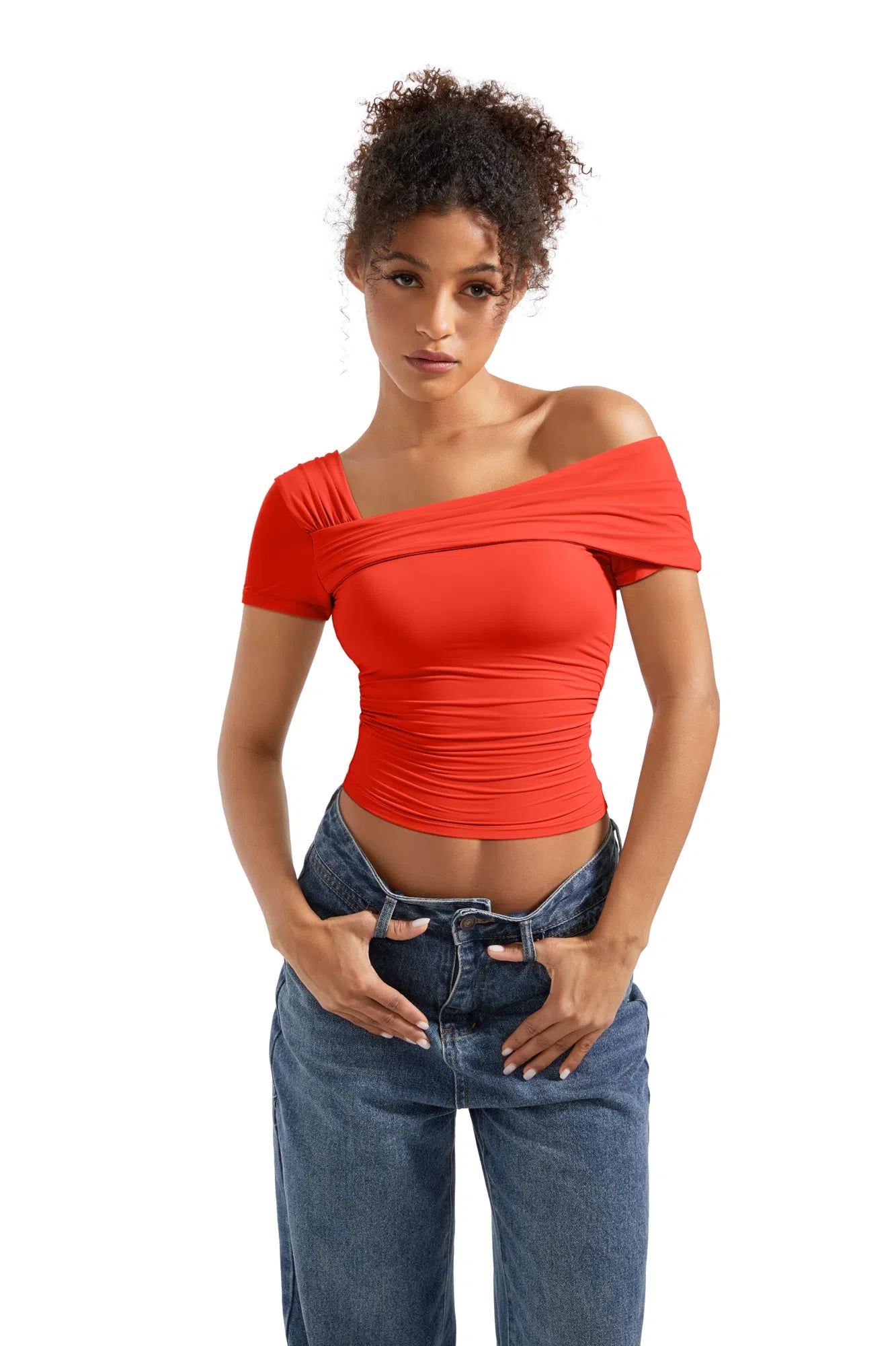 One Off Shoulder Ruched Short Shirt-Clothing-SUUKSESS-SUUKSESS