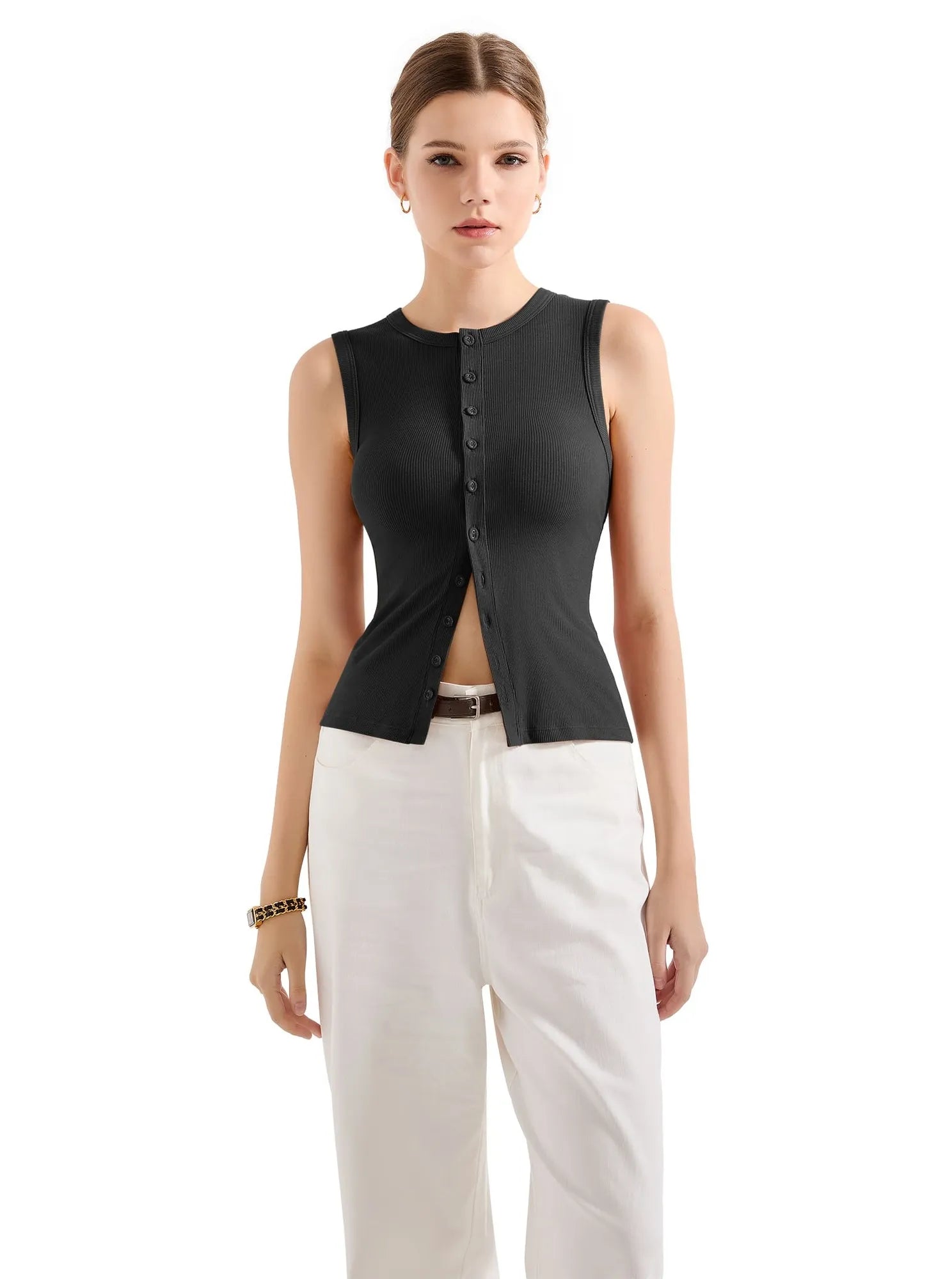 Button Style Cotton Ribbed Sleeveless Top-SUUKSESS-SUUKSESS