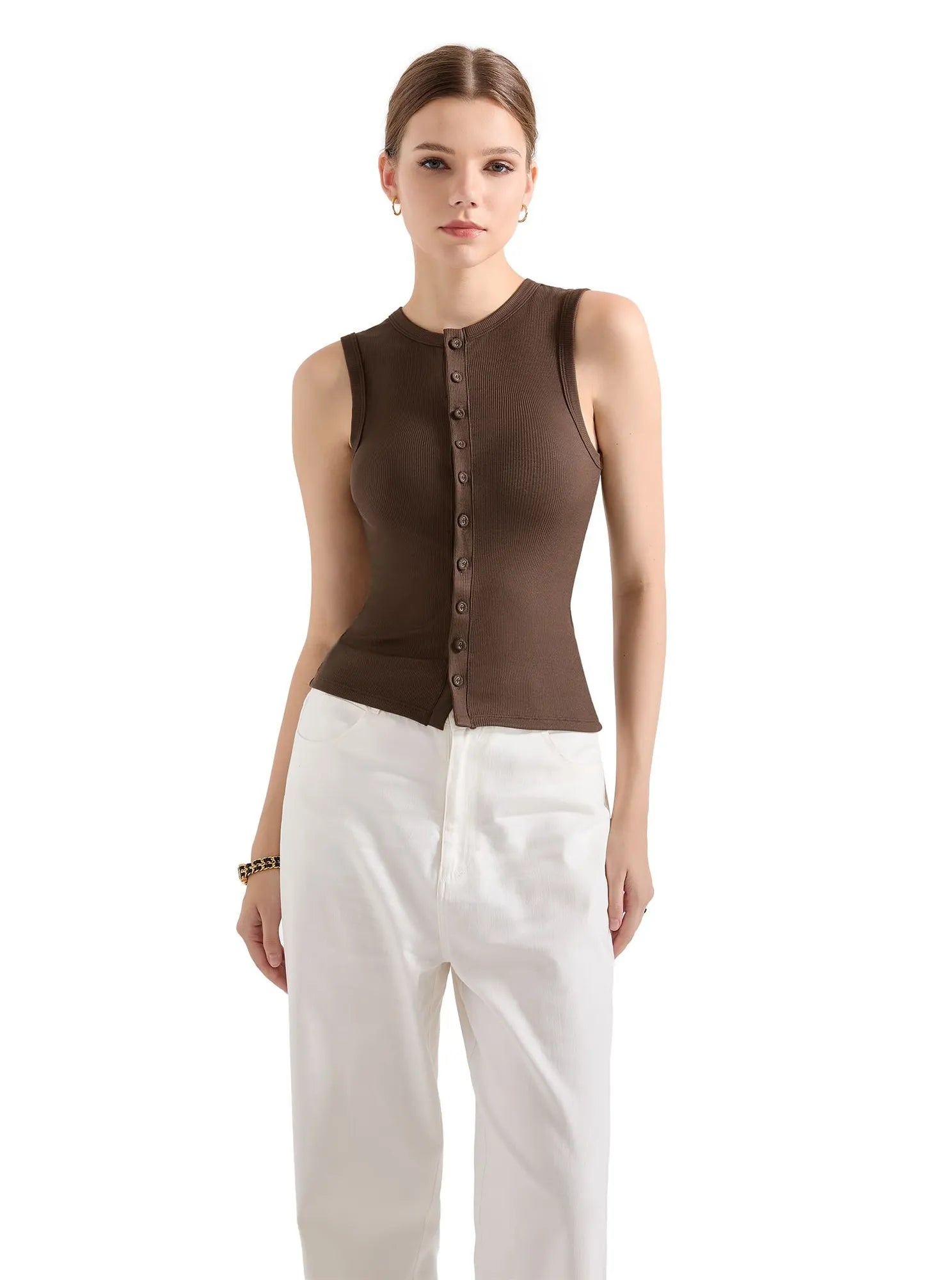 Button Style Cotton Ribbed Sleeveless Top-SUUKSESS-Brown-XS-SUUKSESS