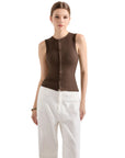 Button Style Cotton Ribbed Sleeveless Top-SUUKSESS-Brown-XS-SUUKSESS