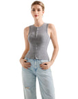 Button Style Cotton Ribbed Sleeveless Top-SUUKSESS-Grey-XS-SUUKSESS