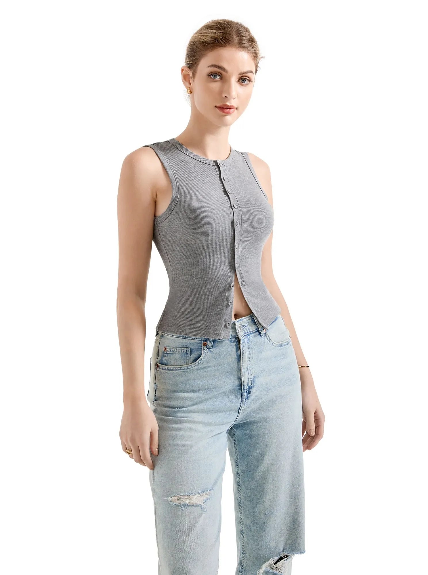 Button Style Cotton Ribbed Sleeveless Top-SUUKSESS-SUUKSESS