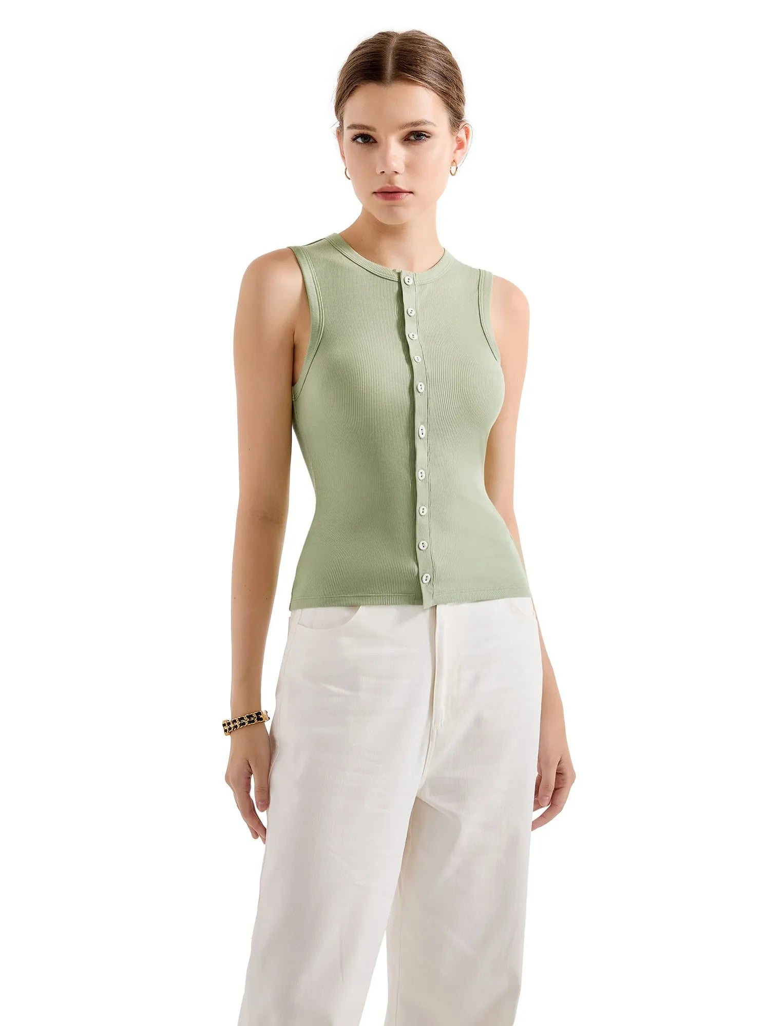 Button Style Cotton Ribbed Sleeveless Top-SUUKSESS-SUUKSESS