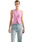 Button Style Cotton Ribbed Sleeveless Top-SUUKSESS-Pink-XS-SUUKSESS