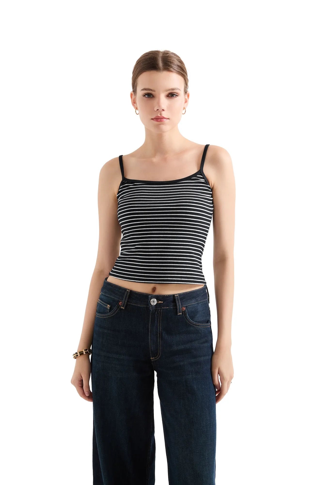 Cotton Ribbed Stripe Cami Tank Top-SUUKSESS-Striped Black-XS-SUUKSESS