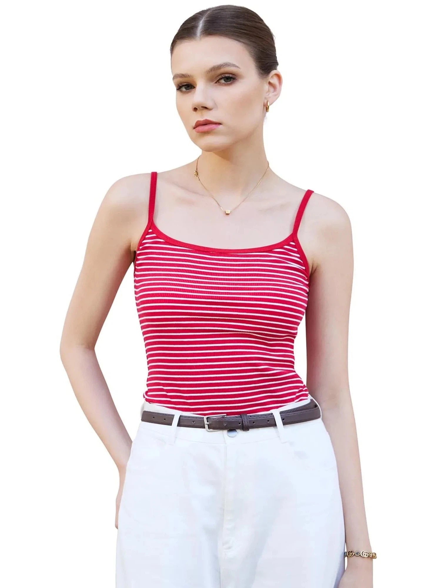 Cotton Ribbed Stripe Cami Tank Top-SUUKSESS-Striped Red-XS-SUUKSESS