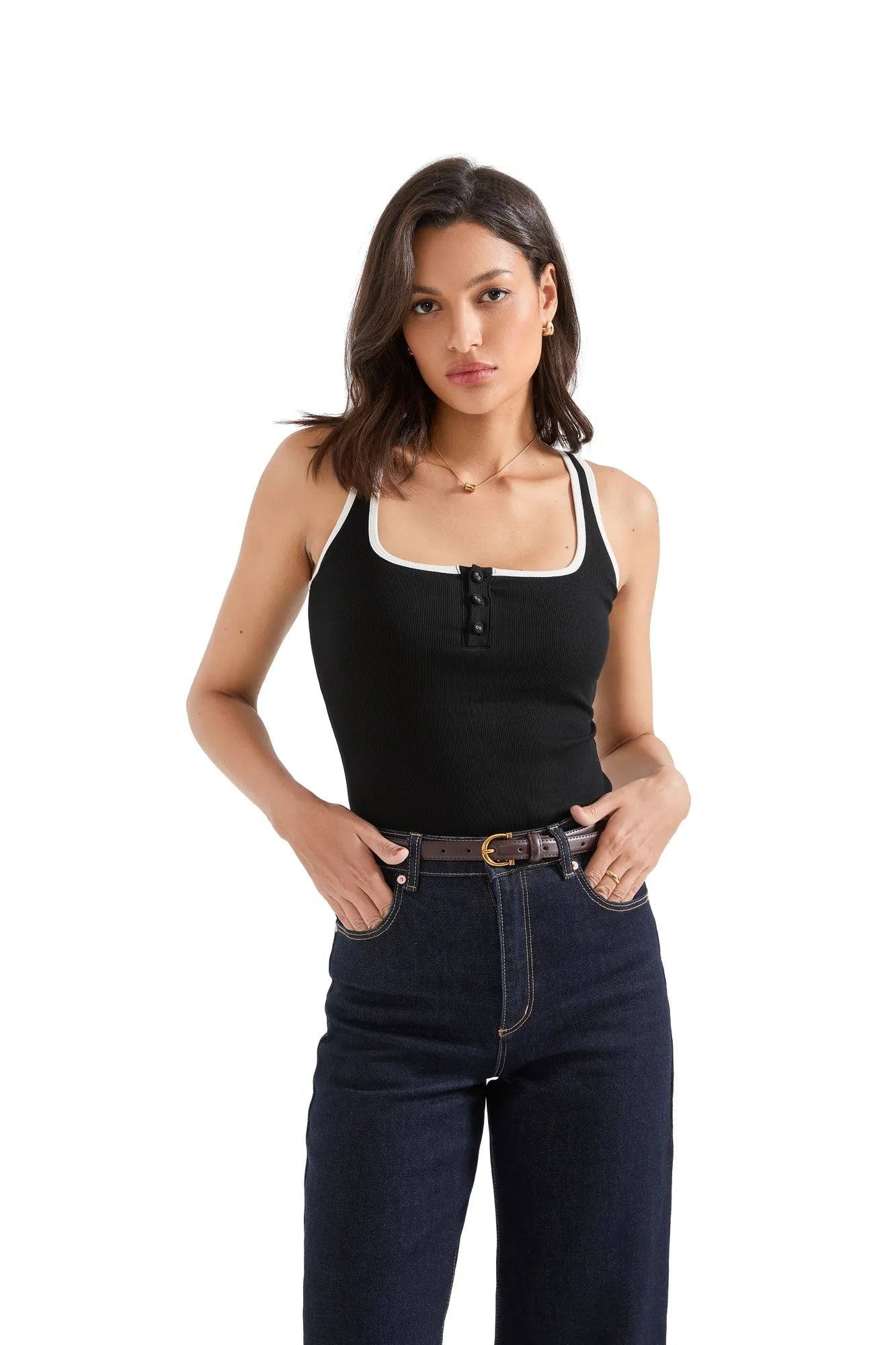 Ribbed Button Square Neck Tank Top-SUUKSESS-Black White-XS-SUUKSESS