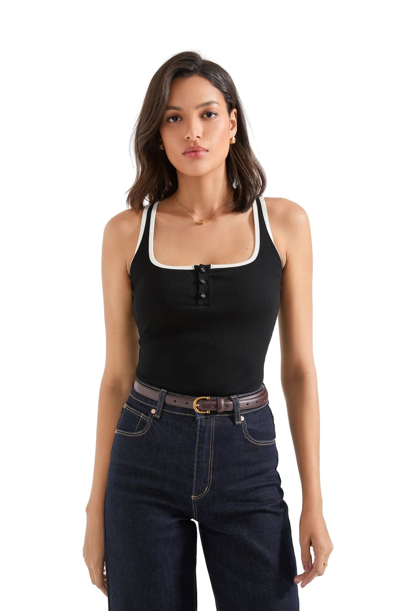 Ribbed Button Square Neck Tank Top-SUUKSESS-SUUKSESS