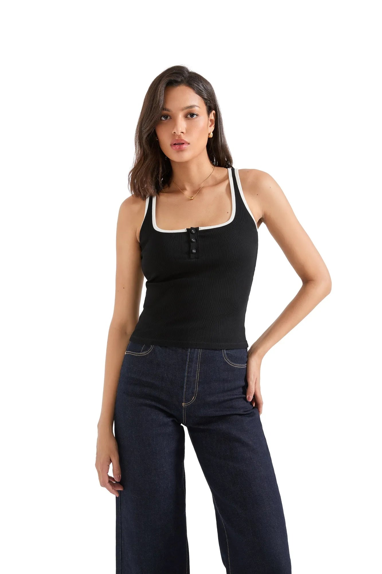 Ribbed Button Square Neck Tank Top-SUUKSESS-SUUKSESS