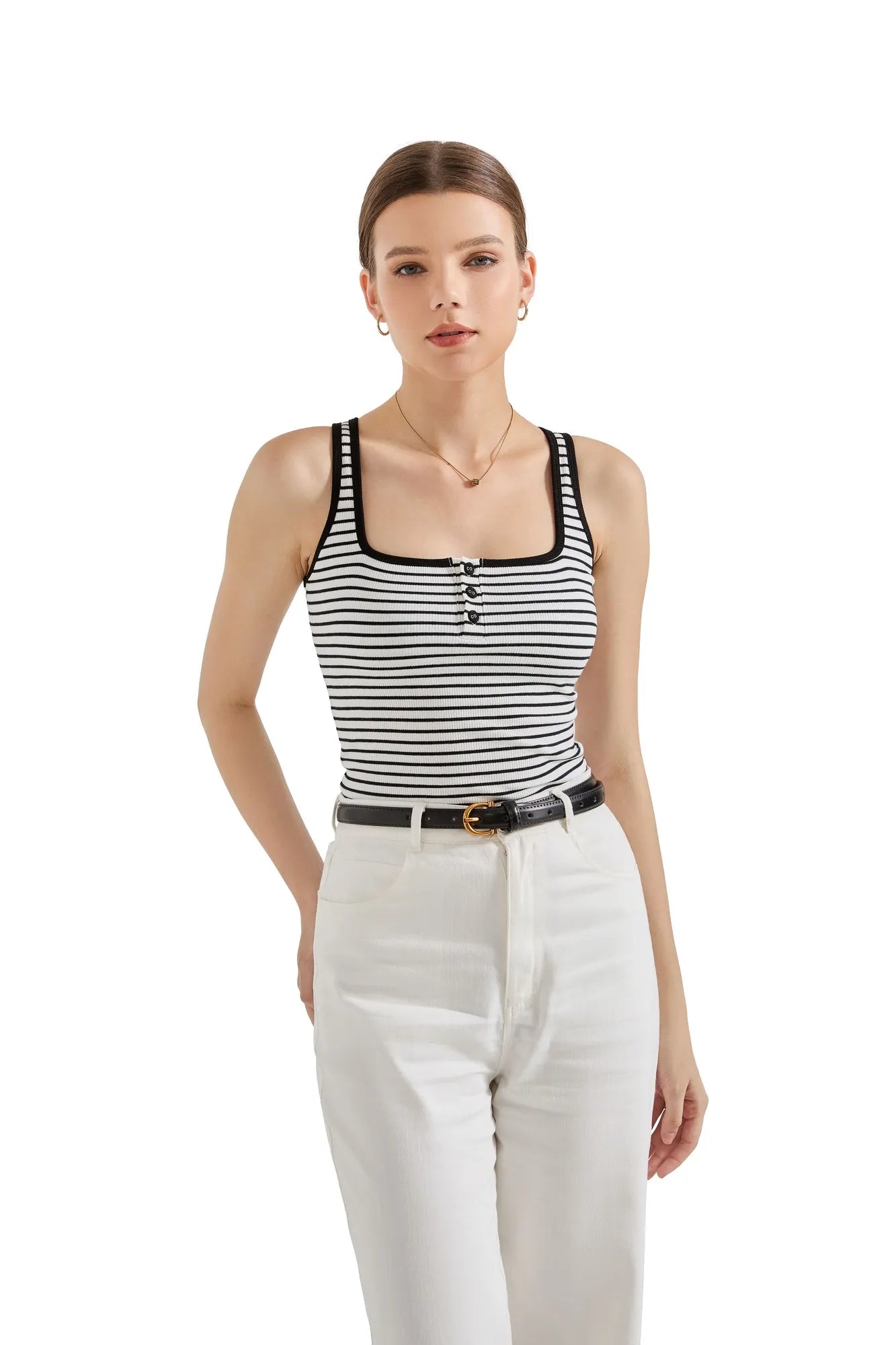 Ribbed Button Square Neck Tank Top-SUUKSESS-SUUKSESS