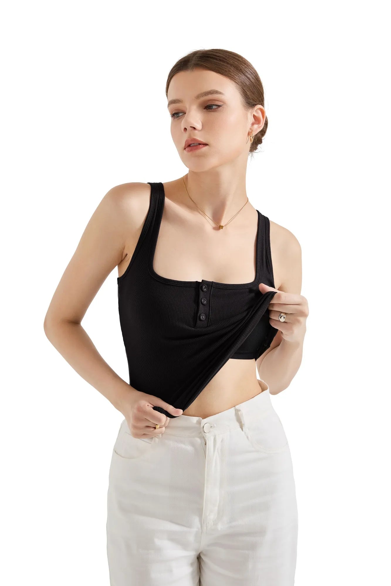 Ribbed Button Square Neck Tank Top-SUUKSESS-Black-XS-SUUKSESS