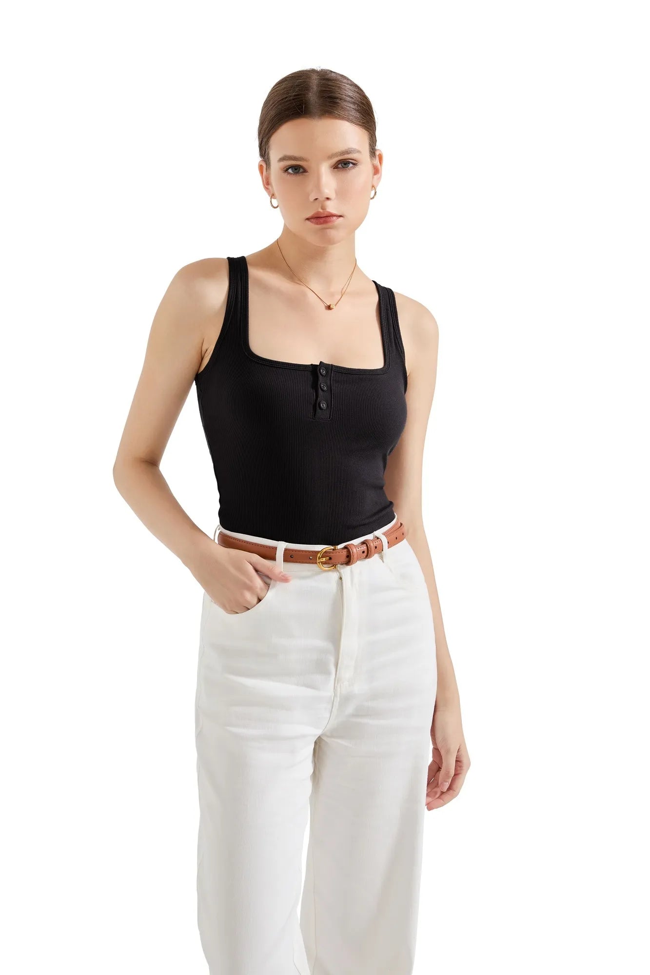 Ribbed Button Square Neck Tank Top-SUUKSESS-SUUKSESS