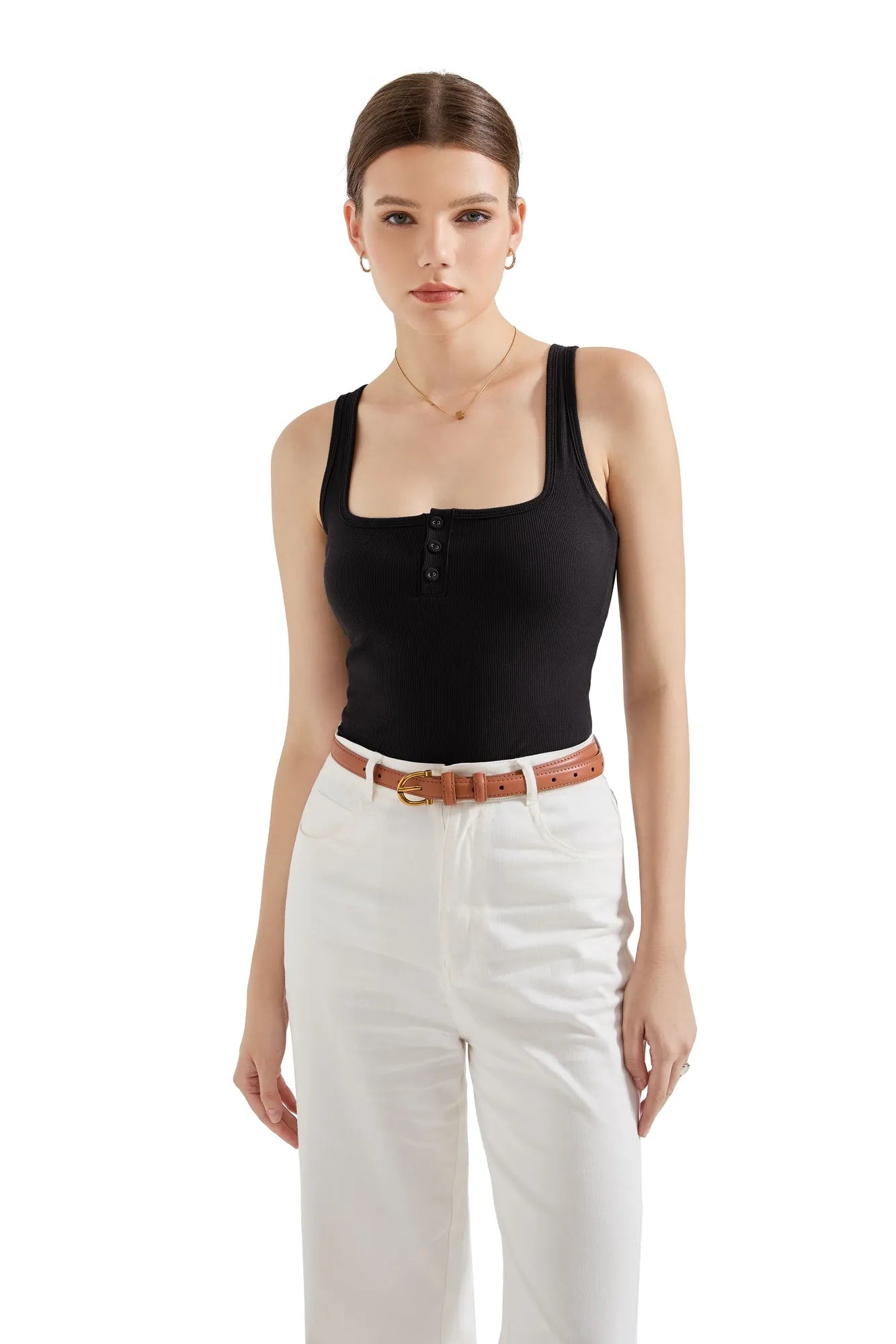 Ribbed Button Square Neck Tank Top-SUUKSESS-SUUKSESS