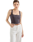 Ribbed Button Square Neck Tank Top-SUUKSESS-Gray-XS-SUUKSESS