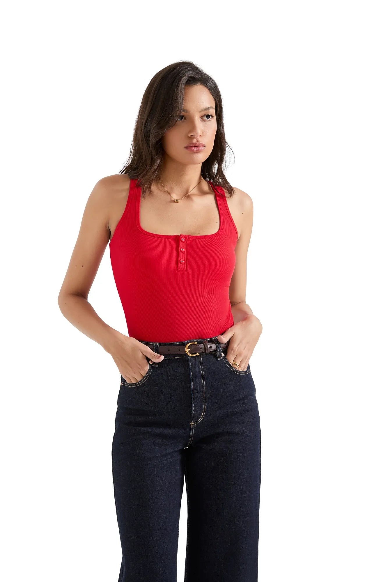 Ribbed Button Square Neck Tank Top-SUUKSESS-Red-XS-SUUKSESS