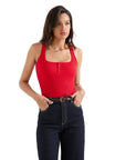 Ribbed Button Square Neck Tank Top-SUUKSESS-Red-XS-SUUKSESS