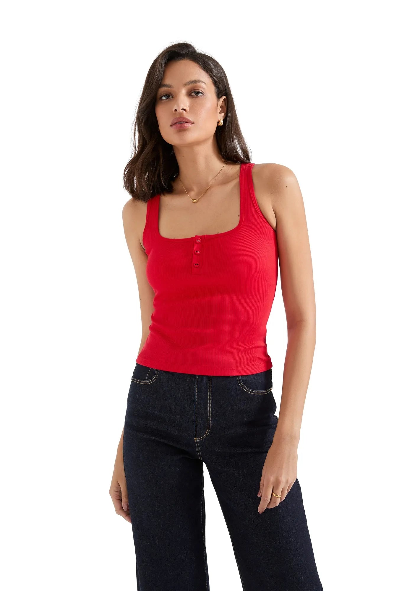 Ribbed Button Square Neck Tank Top-SUUKSESS-SUUKSESS