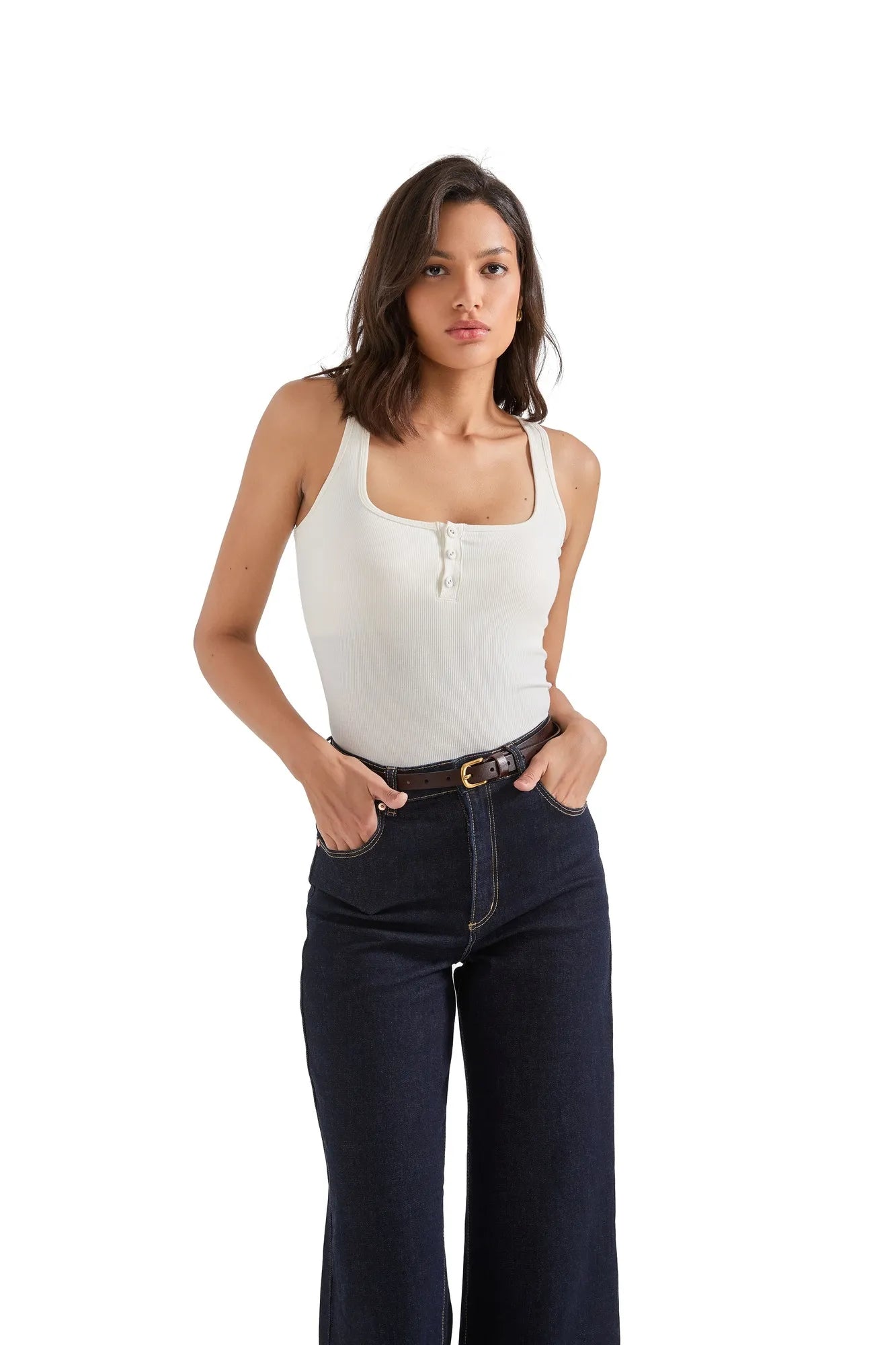 Ribbed Button Square Neck Tank Top-SUUKSESS-White-XS-SUUKSESS