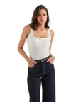 Ribbed Button Square Neck Tank Top-SUUKSESS-White-XS-SUUKSESS