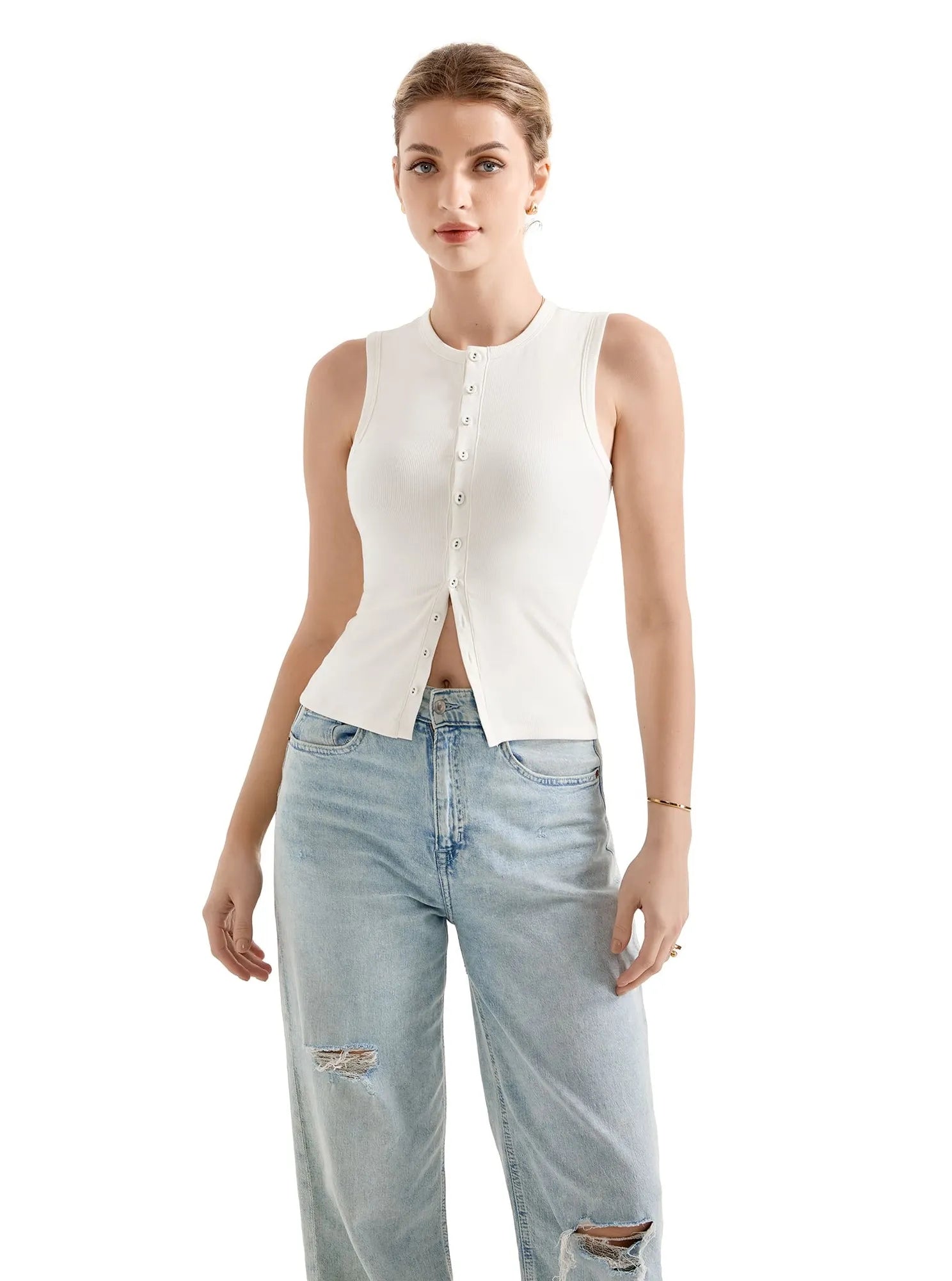 Button Style Cotton Ribbed Sleeveless Top-SUUKSESS-SUUKSESS