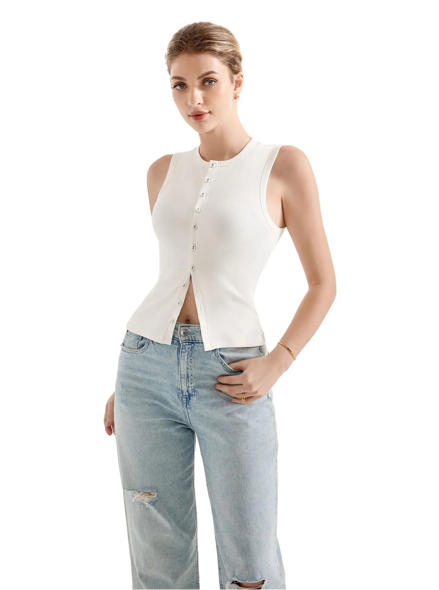 Button Style Cotton Ribbed Sleeveless Top-SUUKSESS-SUUKSESS