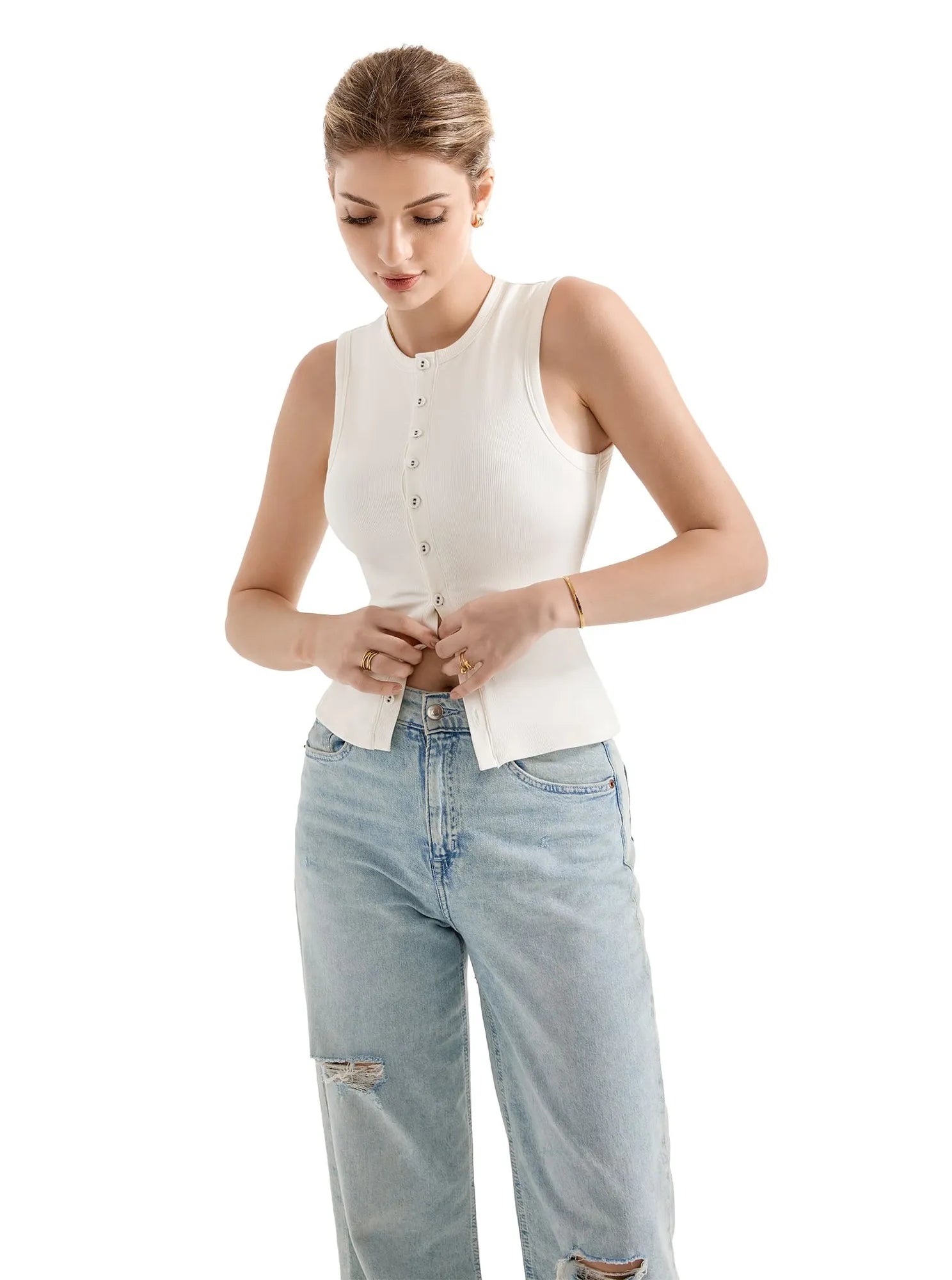 Button Style Cotton Ribbed Sleeveless Top-SUUKSESS-SUUKSESS