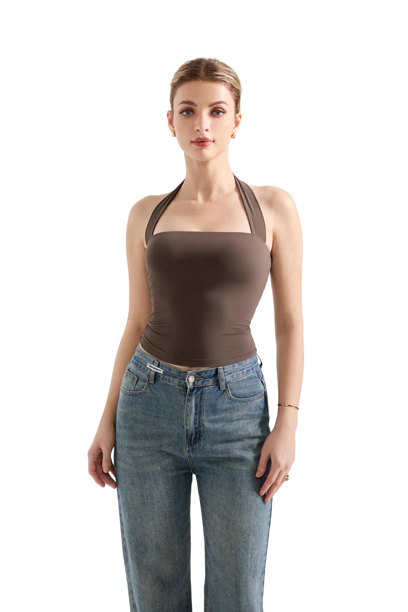 Buttery Soft Square Neck Halter Tank Top-SUUKSESS-Brown-XS-SUUKSESS