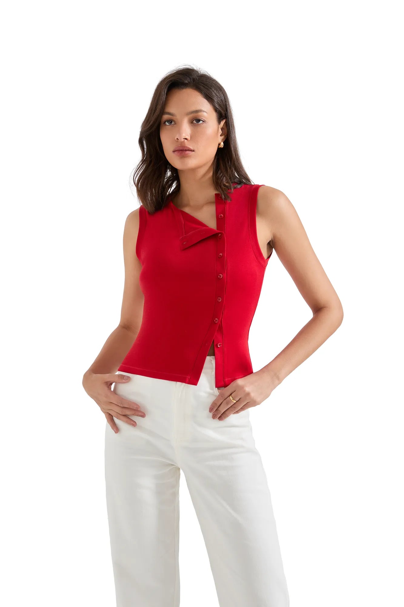 Sleeveless Off-Center Button Shirt-SUUKSESS-Red-XS-SUUKSESS