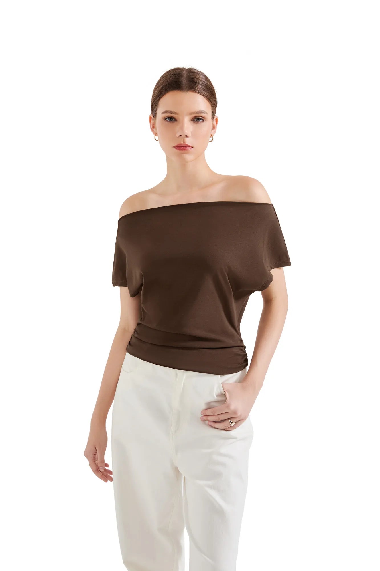 SUUKSESS Women Off The Shoulder Summer Tops One Shoulder T Shirt Casual Short Sleeve Boat Neck Tees-SUUKSESS-Brown-XS-SUUKSESS